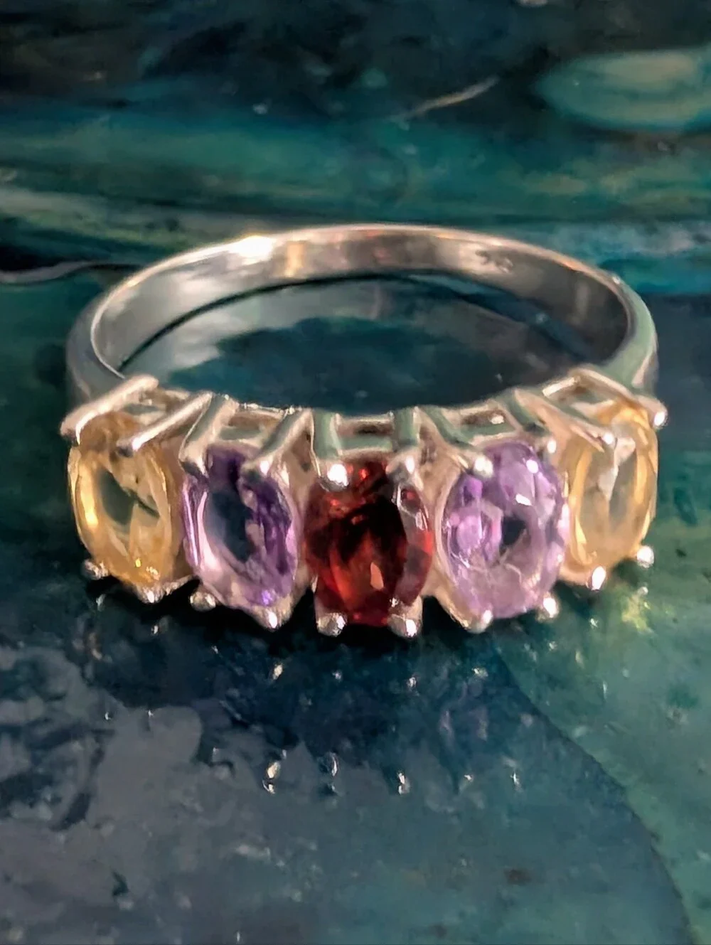 🆕 Multicolor Gemstone Band Ring Genuine Garnet Amethyst Citrine Sterling Silver